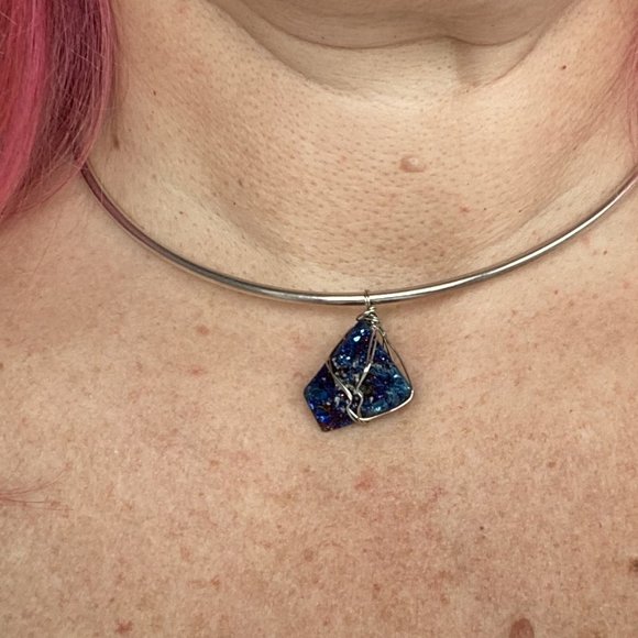 Gorgeous Blue Iridescent Agate Pendant Wire Wrapped by Hand - Picture 4 of 4